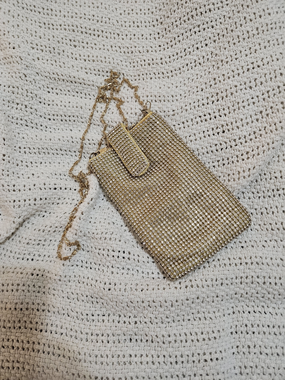 Gold Crystal Mesh Crossbody Phone Bag with Chain Strap